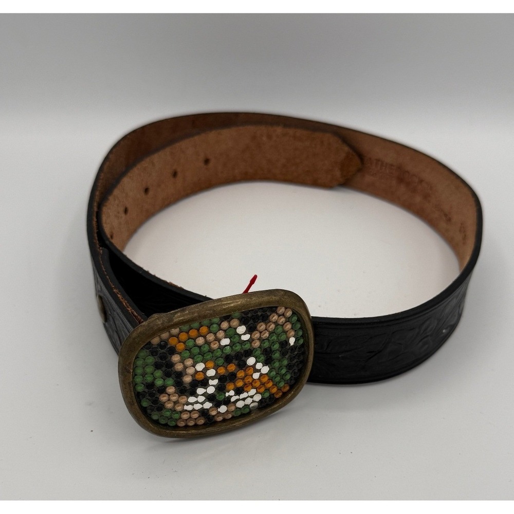 Leatherock Embossed Floral Belt Womens 34 Black Excellent Mosaic Buckle USA